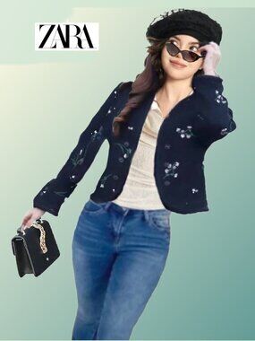 ZARA Black Contrast Embroidery Open Front Collarless Short Jacket Sz L